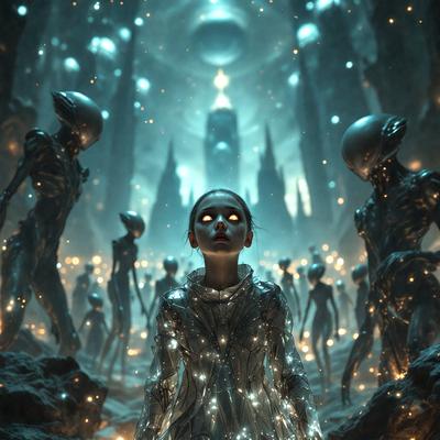 The primary subject of the image is a woman wearing a silver dress, standing in a dark and eerie environment. The setting appears to be a futuristic or fantasy-like space, with a backdrop of a castle and a group of alien-like creatures surrounding her. The visual style of the image is a combination of photo and digital art, creating a surreal and captivating atmosphere. The dominant colors in the image are dark and silver, with the silver dress and the alien-like creatures adding a